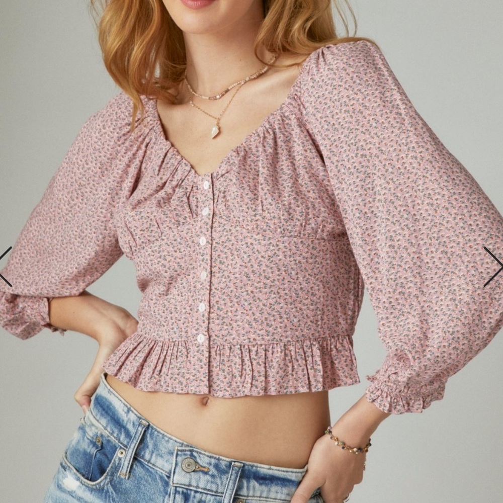 NWT Lucky Brand Sweetheart Button Front Long Sleeve Blouse Women XL Ruffle Pink